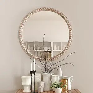 COZAYH Distressed Wood Frame Accent Mirror, Rustic Farmhouse Style Decorative Wall Mirror (Round)