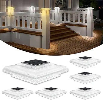 T-SUN 4x4 Solar Post Cap Lights, Fence Post Solar Lights Fit for 4x4 Vinyl Wooden Posts, IP65 Waterproof Outdoor Lighting for Stairs Step, Deck, Patio, Garden (6 Packs, Transparent, Warm/Cool White)