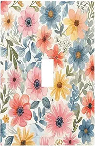 Boho Rustic Pink Blue Flower 1 Gang Light Switch Cover Watercolor Floral Art Decorative Single Toggle Wall Plates Outlet Covers Faceplate Electrical Switchplate for Country Kids Room Bedroom Decor