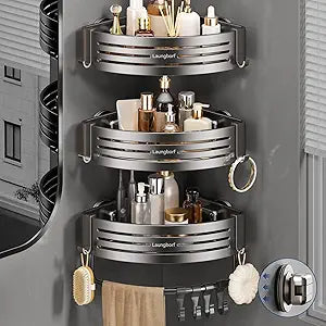 Corner Shower Caddy Suction Cup  Rustproof Aluminum Triangle Shelf with Hooks & Towel Bar, Laungborf No-Drill Wall Storage for Bathroom Kitchen Laundry (Matte Gray, 3 Pack)