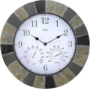 Lily's Home 13 Inch Wall Clock with Thermometer & Hygrometer - Indoor & Outdoor Hanging Clock with Temperature Humidity Gauge, Slate-Look Design for Patio, Garage & Living Room