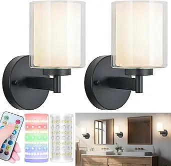 Nekhung Battery Operated Wall Sconce Set of 2, Wireless Wall Sconce with Remote,10000mAh Rechargeable RGB Dimmable Bathroom Light Fixtures with Double Clear Glass Shade NOT Hardwired
