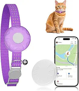 GPS Tracker for Cats, Cat Tracker Collar with Safety Elastic Buckle, Compatible with Apple Find My App (Only iOS), No Monthly Fee, Waterproof (White Tracker, Purple Cat Collar)