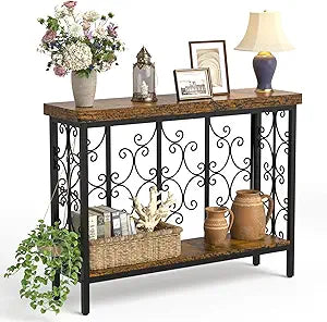 XCSOURCE Console Table, 42.5" Entryway Table with Storage Shelf, Narrow Sofa Table Behind Couch, 2-Tier Hallway Accent Tables for Living Room, Entrance, Foyer, Rustic Brown