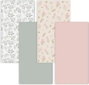 Hahafelt 4 Pack Boho Crib Sheets Pink Floral Green Leaf Designs Baby Fitted Crib Mattress Sheet for Girls 52'' x 28'' Stretchy Wildflower Baby Bedding for Standard Toddler Mattress Gift Nursery Decor
