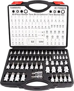 TOMMARS 60-Pc Master Torx Bit Socket and External Socket Set 1/4", 3/8", 1/2" Drive, S2 Steel Bits, CRV Sockets E4-E24, T6-T70,TT6-TT70,TP8-TP60