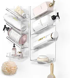 AITEE Acrylic Bathroom Organizer Caddy, Clear Shampoo Holder Wall Mounted, Shower Organizer with Suction Cup, No Drilling and Rustproof, Sturdy and Durable - Combination Shelf