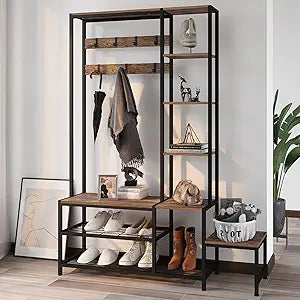 Espelism Hall Tree with Shoe Storage Bench Coat Rack with 7 Hooks Interchangeable 4 Tier Side Storage Shelves Small Cute Side Bench Industrial 5-in-1 Entryway Coat Rack for Hallway Mudroom Bedroom