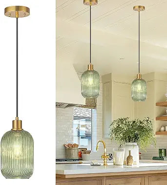 1 Pack Pendant Lights with Vintage Green Ribbed Glass Lampshade, Adjustable Brushed Gold Pendant Lights Fixtures for Kitchen Island Lighting Sink, Dining & Living Room Hallway (Bulbs Not Included)