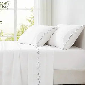 Lush Decor Coastal Chic Scalloped Edge Cotton Sheet Set 4 Piece Set Queen Blue - White Sheets - Scallop Trim - Bed Sheets - Coastal Decor