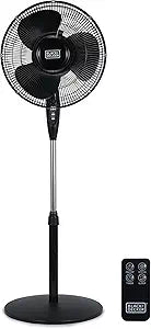BLACK+DECKER 16" Standing Oscillating Pedestal Fan with Remote, 90-Degree Oscillation, 3 Speed Settings, Adjustable Height, Timer, 30-Degree Tilt, BFSR16B, Black