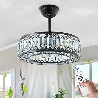 Modern Crystal Ceiling Fan with Lights, 20" Black Caged Flush Mount Ceiling Fan with Remote, 3-Color LED, 6-Speed Reversible Blades, Indoor Fandelier for Bedroom, Living Room, Dining Room