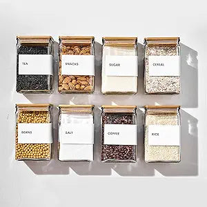 Glass Storage Jars with Bamboo Lids, 27oz Square Food Storage Containers for Kitchen Pantry Organization, Storage Canisters with Labels for Cereal Flour Beans Tea, Large Spice jars Seasoning Bottles