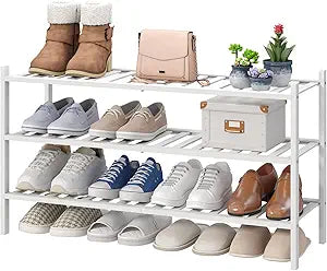 viewcare 3-Tier Long Shoe Rack, Bamboo Wood Shoe Rack for Closet, Entryway & Hallway, Stackable White Shoe Shelf Storage Organizer for Indoor Outdoor