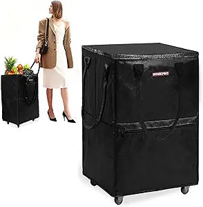 WORKPRO Medium Reusable Grocery Bag on Wheels, Heavy Duty Rolling Shopping Tote with Handle, Folding Trolley on 4 Caster Wheels for Groceries, Laundry, Camping, Moving