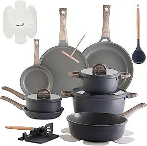 USELUCK Pots and Pans Set Non Stick Non-Toxic 22 Pcs Ceramic Cookware Sets Nonstick Kitchen Pot&Pan With Lid Stone Gray Granite Induction Compatible with Glass Lids Crepe Frying Pan PFOA/PFOS-Free