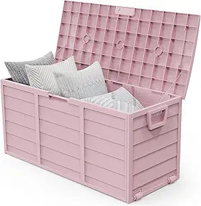 VINGLI 75 Gallon Outdoor Storage Box, Lockable Plastic Storage Containers with Lid, Patio Deck Box Furniture for Garden, Pool, Balcony, Yard (Light Pink)