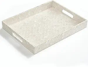 CHI AN HOME Capiz Decorative Tray 15.8 x 11.8 x 1.8" Rectangular Tray, Natural Handmade Serving Tray with Handles for Coffee Tables, Ottoman, Vanity, Kitchen, Coastal Boho Home Decor, White