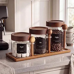 3 Pcs Coffee and Sugar Container Set Glass Coffee Jars with Natural Acacia Wood Scoops Tray and Sticker for Candy Cookie Condiment Pepper Sugar Overnight Oatmeal(31,24,18 oz)