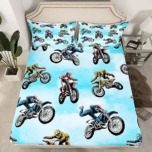 Erosebridal Dirt Bike Bed Sheet Queen Size, Extreme Sport Fitted Sheet for Kids Boys Teens, Motorbike Sport Bedding Set Motocross Rider Bedding Decor Set 3 Pieces with 2 Pillow Cases, Blue