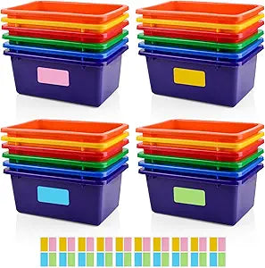 CONLI 24 Pcs Plastic Cubby Bins with Adhesive Labels for Classroom Organization, Toy Storage Bins 6 Colors Storage Containers for School Office Home
