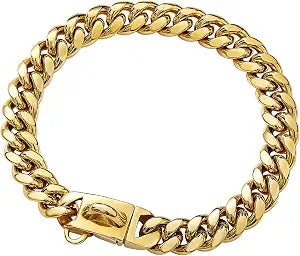 Gold Dog Collar,14MM Strong Stainless Steel Cuban Link Dog Gold Chain Collar,Dog Necklace Walking Collar for Medium Large Dogs