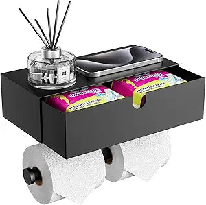 Tindbea Toilet Paper Holder with Storage Double Roll Toilet Paper Holder with Shelf, Tampon Holder for Bathroom Stainless Steel Wall Mounted Wipes Holder Dispenser, Black