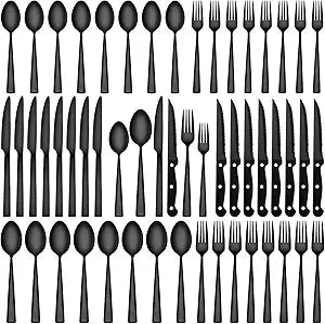 CEKEE 72-Piece Black Silverware Set with Steak Knives, Stainless Steel Flatware Set for 12, Tableware Cutlery Set, Kitchen Utensils Set for Home & Restaurant, Heavy Duty & Mirror Finished