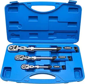 YOTOO Extendable Ratchet Set 3Pcs 1/4", 3/8" & 1/2" Drive 72 Tooth Flex-Head Quick Release Locking Ratchets