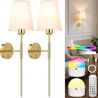 ECOHOM 25.6 inch Battery Operated Wall Sconces Set of 2, Wireless Wall Lights with Rechargeable Bulbs & Remote, 15 Colors & Dimmable, Battery Powered Wall Lights for Bedroom, Living Room, Hallway