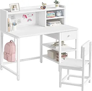 BOLUO White Kids Desk and Chair Set for 6-12 Year Old, Children Study Desk with Hutch and Storage Shelf, Student Writing Table with Fabric Drawer for Girls Boys