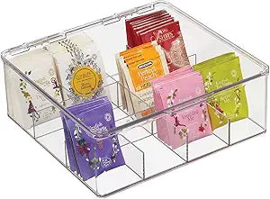 mDesign Plastic Kitchen Organiser  Practical Storage Box with 12 Compartments and Hinged Lid  Pantry Storage Box with Lid for Tea, Coffee, Spices and Other Foodstuffs  Clear