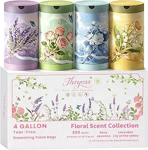 Floral Scent Collection Garbage Bags(Lavender,Jasmine,Rose,Lily of the valley) Trash Bags 4 gallon Drawstring For Bathroom,Office,Bedroom,Car,Flower Printing,Pack of 4(200 Counts)