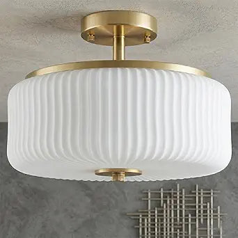3-Light Gold Semi Flush Mount Ceiling Light, 11.8" Modern Schoolhouse Light Fixtures Ceiling Mount with Ribbed Opal Glass Shade, Anti-Glare Close to Ceiling Lamp for Bedroom Kitchen Hallway Entryway
