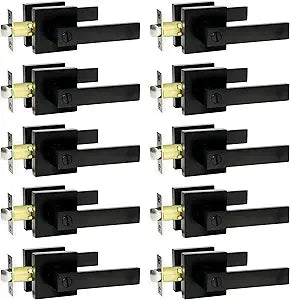 SUNTAI Bedroom/Bathroom Door Handles Levers Square Plate Interior Privacy Door Locksets,Matte Black (10 Pack)