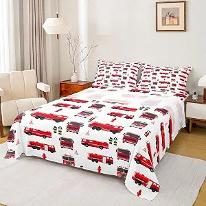 Erosebridal Fire Truck Sheet Set Full for Boys Teens Girls Firemen Car Vehicle Flat Sheet Kids Youth Firefighter Truck Fitted Sheet Red Fire Fighting Supplies Print Bed Sheet Set with 2 Pillowcases