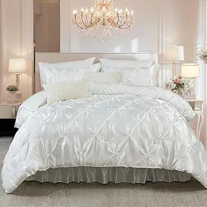Bedbay White Satin Comforter Set with Sheets Twin Size,Pinch Pleat Bedding Set Room Decor Aesthetic,Twin Size Bed in a Bag,Silk Like Satin Bed Sheets,Silky Luxury Comforter Satin Bed Set 8 Pcs