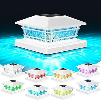 Solar Post Cap Lights White with 8 RGB Solid Colors & Color Changing, 8 Pack Solar Vinyl Fence Post Cap Lights for Porch Yard GardenDeck Post Lights Waterproof for 4x4 5x5 6x6 Vinyl/Wooden Posts