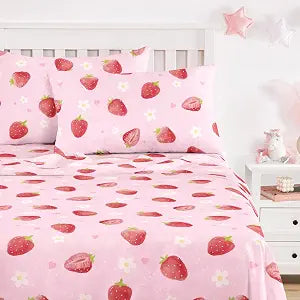 Wake In Cloud -Strawberry Bed Sheets, 4-Piece Sheet Set, Cute Kawaii Floral Heart Flower Pattern Printed Bedding for Kids Girls Teens, Deep Pocket, Pink, Twin Size
