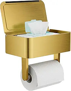 Toilet Paper Holder with Shelf, Wipes Holder for Bathroom, Flushable Wipes Dispenser, Stainless Steel Toilet Paper Roll Holder with Storage for Wet Wipes Wall Mounted (Gold, Regular Roll)