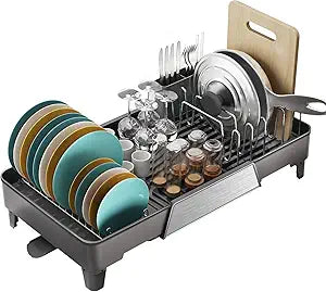 Large Expandable Dish Drying Rack, Dish Racks for Kitchen Counter, Space Saving & Rust Resistant Dish Drainer with Removable Drainboard & Utensil Holder, Adjustable Length 16.4 to 24.4 Inches