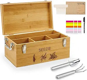 Natural Bamboo Seed Storage Organizer Box  Large Seeds Saver Kit Included Stainless Steel Garden Tools, 20 Seed Envelopes, 10 Wooden Plant Labels, Mark Pen & 3 Color Stickers