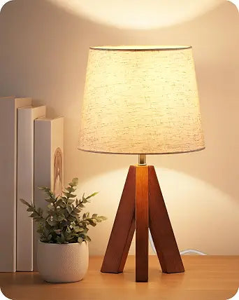 Tripod Table Lamp, 14.6 Inch Small Bedside Lamp with Beige Linen Shade, Modern Nightstand Lamp for Bedroom, Kids Room, Living Room, Nursery, Office, E26 Socket, Dark Wood Base, LE51TL05
