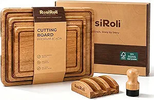 Acacia Wood Cutting Board Set of 3 for Kitchen  Non-Toxic, Kiln-Dried & Pre-Oiled 3x | Warp-Resistant Solid Acacia with Juice Groove, Handles & Anti-Slip Feets | Large Medium Small