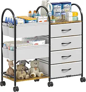 Baby Diaper Caddy Organizer Cart with Wheels, 4-Tier Rolling Diaper Cart with Dividers and Drawers, Multi-Layer Nursery Storage for Diapers & Baby Essentials