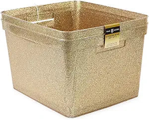 Isaac Jacobs Large Glitter Storage Bin (14 x 11.5 x 8.75) Set w/Cut-Out Handles, Plastic Organizer, Multi-Functional, Home Storage Solution, Kids Playroom, Bedroom, Closet (2, Gold)