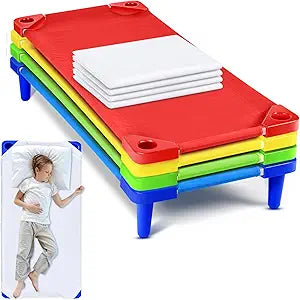 8 Pcs Stackable Daycare Cots for Kids with Sheets 54" l x 23" W T Kids Cots Furniture Bed Frames Headboards Footboards for Sleeping and Daycare (Multicolor)