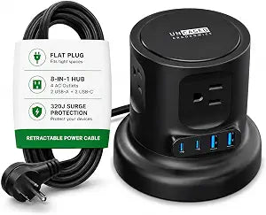 Uncaged Ergonomics Retractable Power Strip Tower, USB C Surge Protector