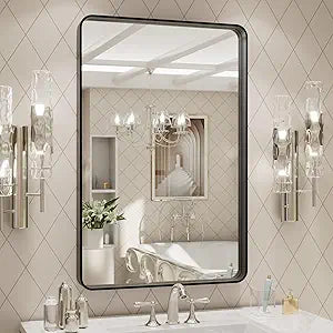 LOAAO 20X28 Inch Black Metal Framed Bathroom Mirror for Wall, Matte Black Bathroom Vanity Mirror Farmhouse, Anti-Rust, Hangs Horizontally or Vertically