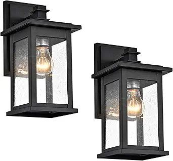 MICSIU 2-Pack Black Outdoor Wall Sconce, 12-Inch Modern Square Exterior Light Fixtures with Clear Seedy Glass, Anti-Rust Waterproof Outside Wall Mount Lantern for House, Porch, Garage, E26 Base